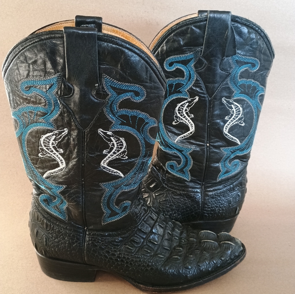 Monarco Men's Sz 8 Alligator Black Blue Cowboy Boots Made In Mexico